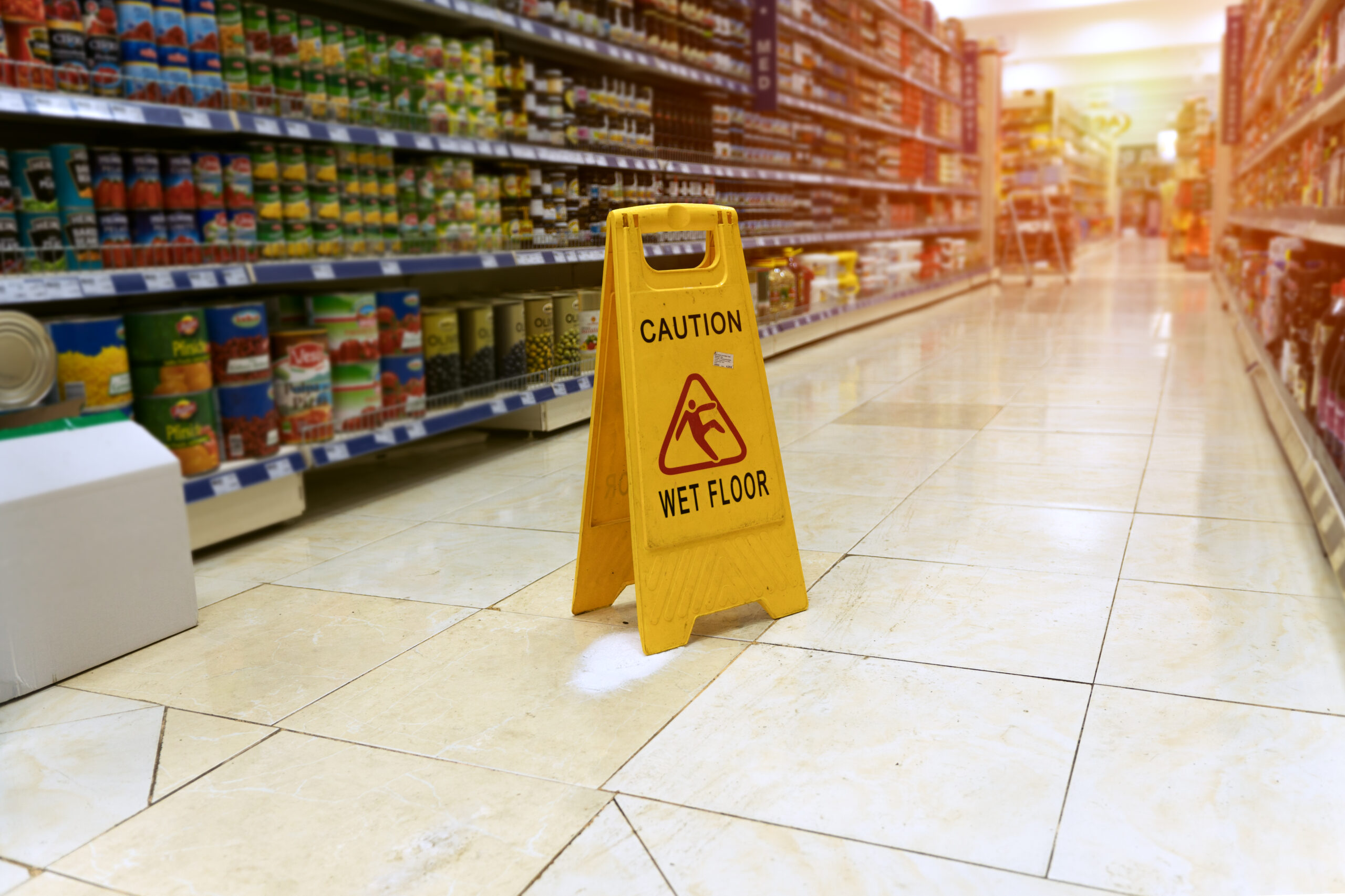 Slip and fall accidents risk in grocery store aisle with wet floor sign, personal injury attorney Las Vegas helping injury victims