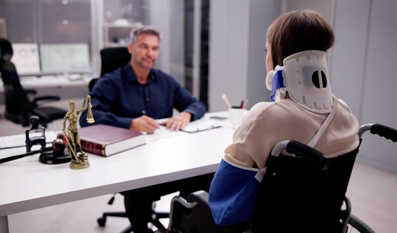 Injured woman in a wheelchair wearing a neck brace and arm sling consulting with a car accident lawyer in a modern legal office, discussing her case.