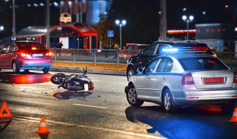 Motorcycle crash with cars at night in Las Vegas — motorcycle accident lawyer Las Vegas helps injured riders protect their rights and seek fair compensation.