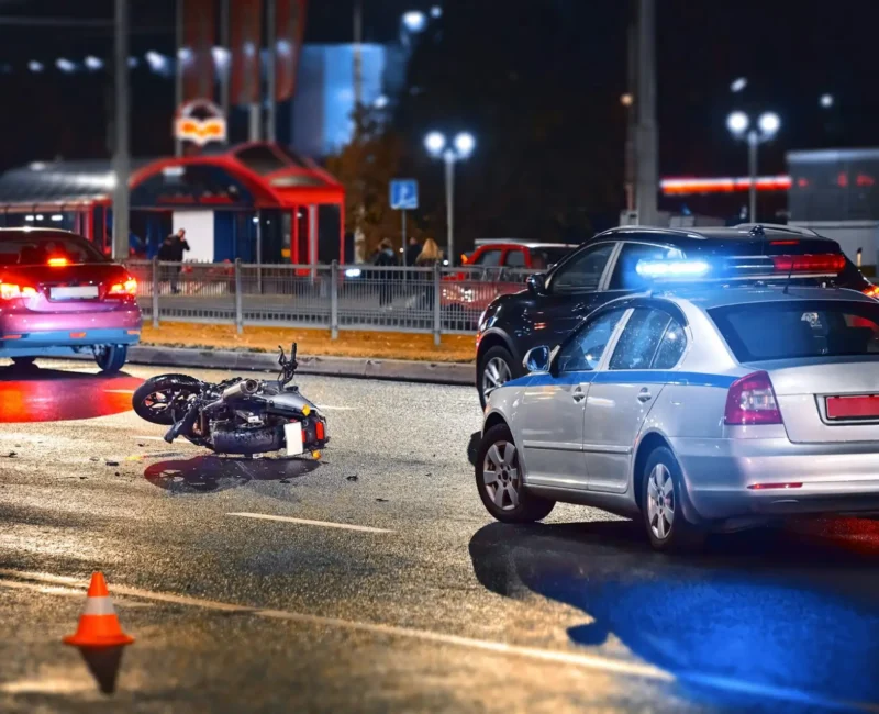 Motorcycle crash with cars at night in Las Vegas — motorcycle accident lawyer Las Vegas helps injured riders protect their rights and seek fair compensation.