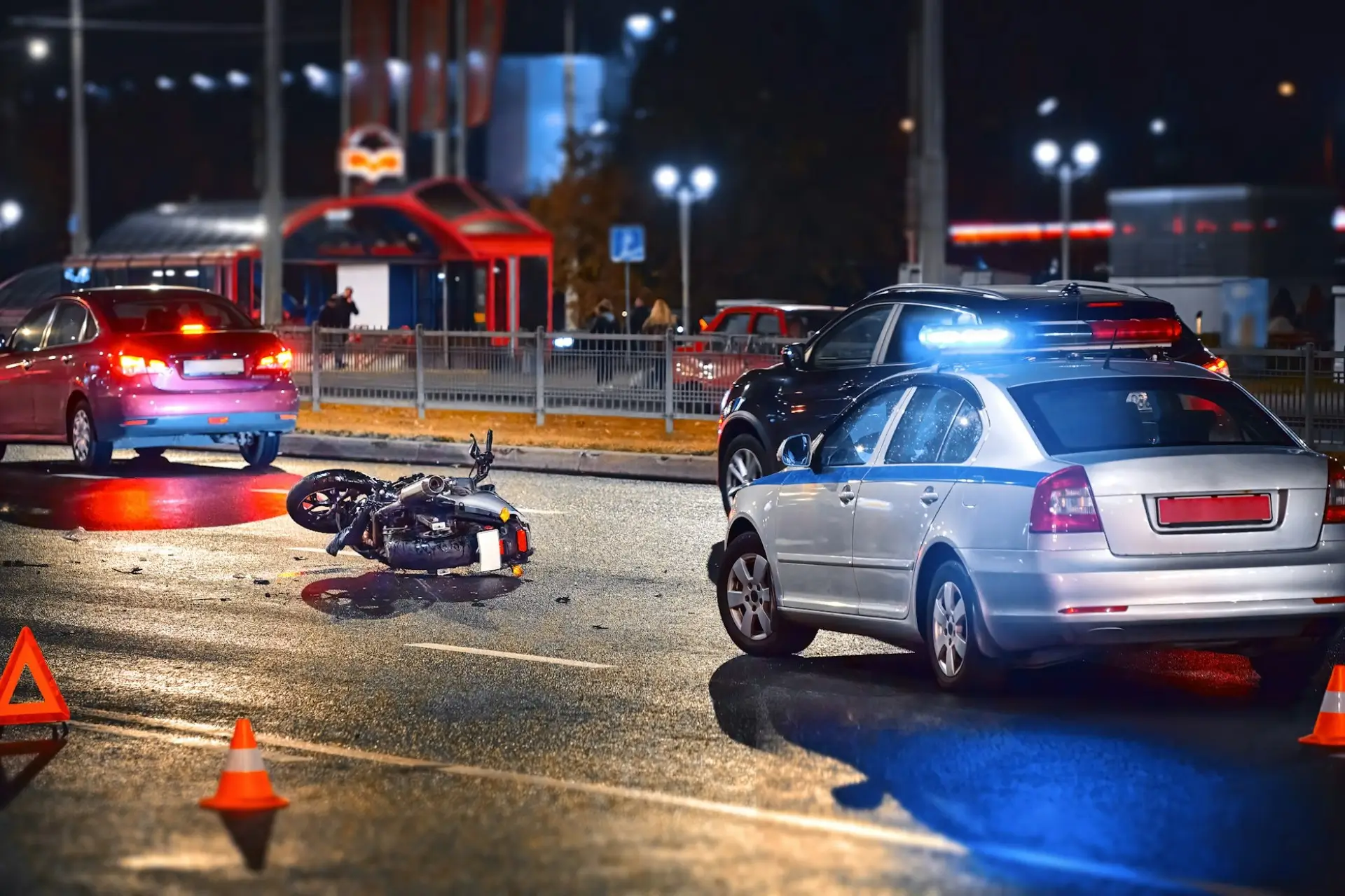 Motorcycle crash with cars at night in Las Vegas — motorcycle accident lawyer Las Vegas helps injured riders protect their rights and seek fair compensation.