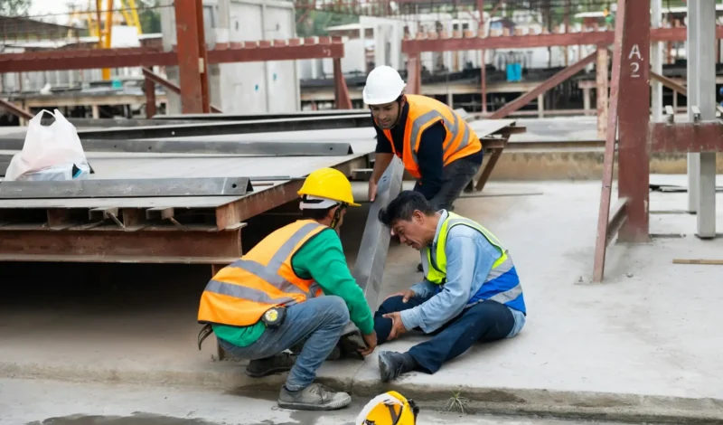 Construction worker injured on the job being assisted by coworkers — workers compensation attorney Las Vegas can help protect your rights after a workplace accident.