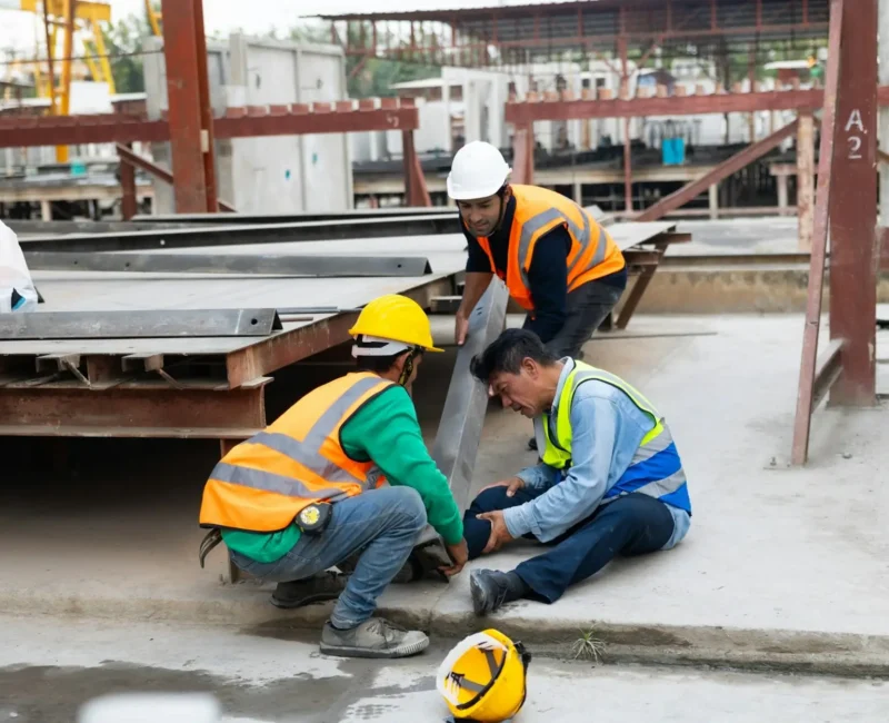 Construction worker injured on the job being assisted by coworkers — workers compensation attorney Las Vegas can help protect your rights after a workplace accident.