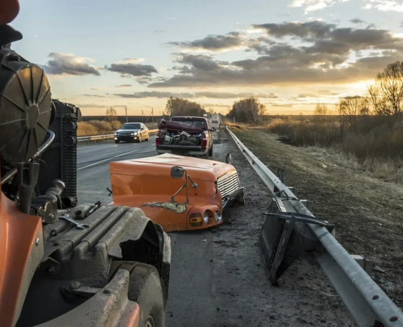 Semi truck crash scene on highway shoulder, evidence for truck accident attorney Las Vegas settlement claim.